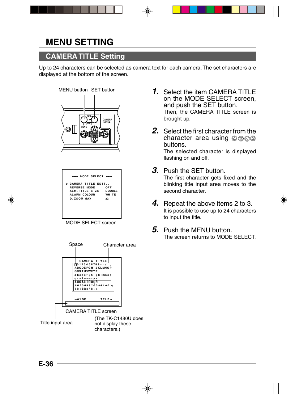 Menu setting, E-36, Camera title setting | Push the set button, Repeat the above items 2 to 3, Push the menu button, Then, the camera title screen is brought up | JVC TK-C1481 User Manual | Page 36 / 40