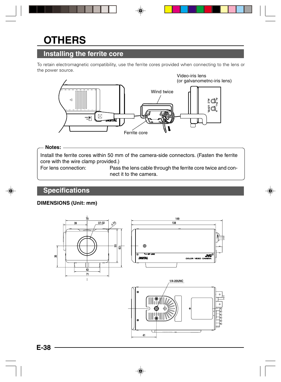 Others, E-38, Installing the ferrite core | Specifications, Dimensions (unit: mm) | JVC TK-C1481 User Manual | Page 38 / 40