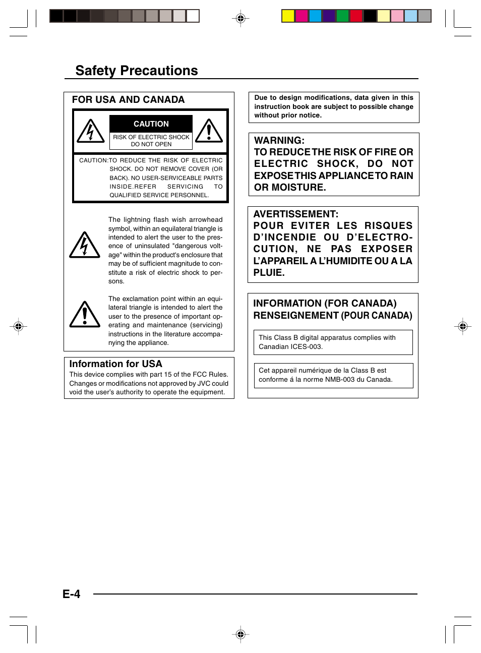 Safety precautions, For usa and canada, Information for usa | JVC TK-C1481 User Manual | Page 4 / 40