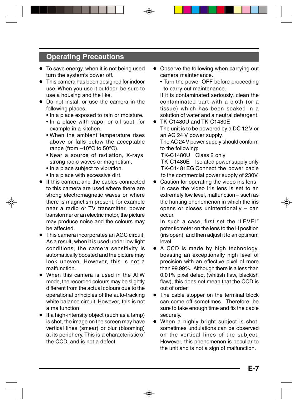 Operating precautions | JVC TK-C1481 User Manual | Page 7 / 40