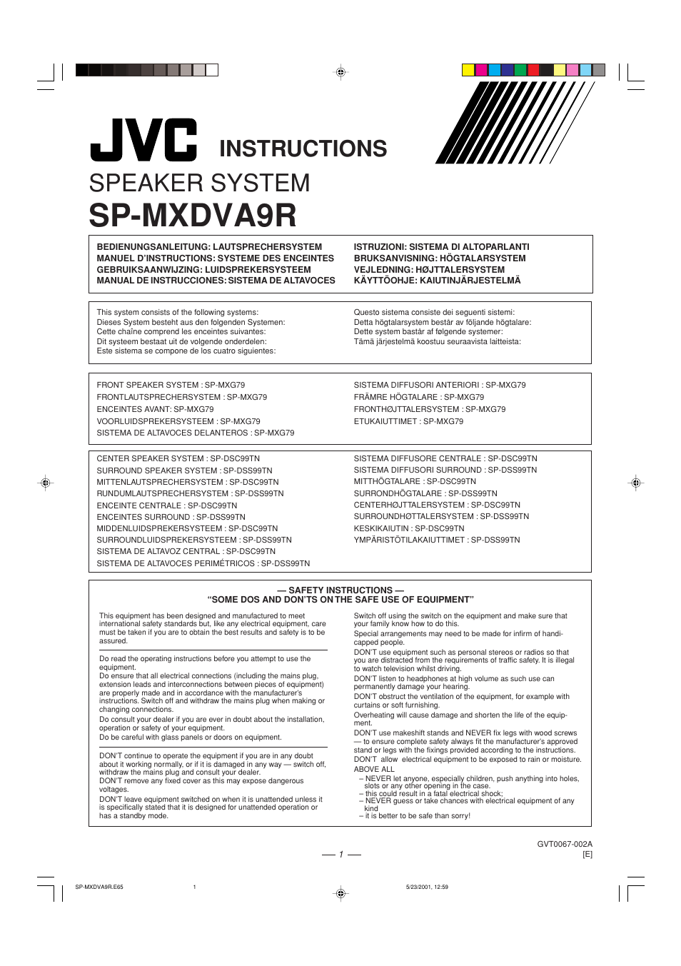 Sp-mxdva9r, Speaker system, Instructions | JVC CA-MXDVA9R User Manual | Page 61 / 77