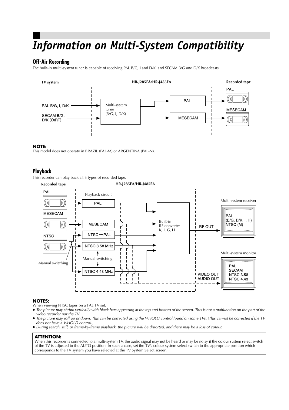 Information on multi system compatibility, Information on multi-system compatibility, Off-air recording | Playback | JVC HR-J485EA User Manual | Page 13 / 16