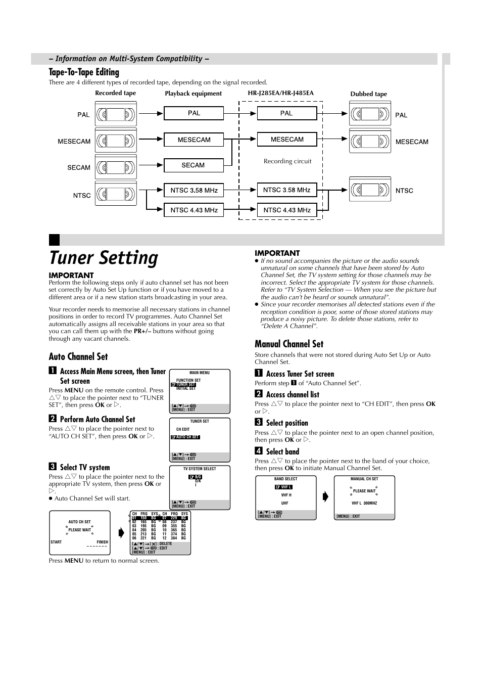 Tuner setting, Tape-to-tape editing, Auto channel set a | Manual channel set, Access main menu screen, then tuner set screen, Perform auto channel set, Select tv system, Access tuner set screen, Access channel list, Select position | JVC HR-J485EA User Manual | Page 14 / 16