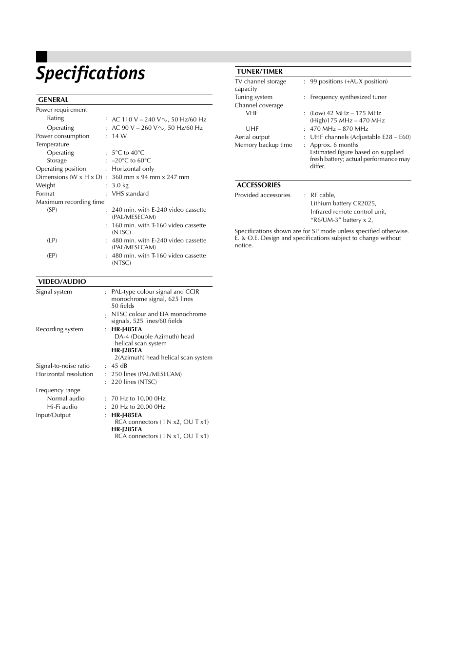 Specifications | JVC HR-J485EA User Manual | Page 16 / 16