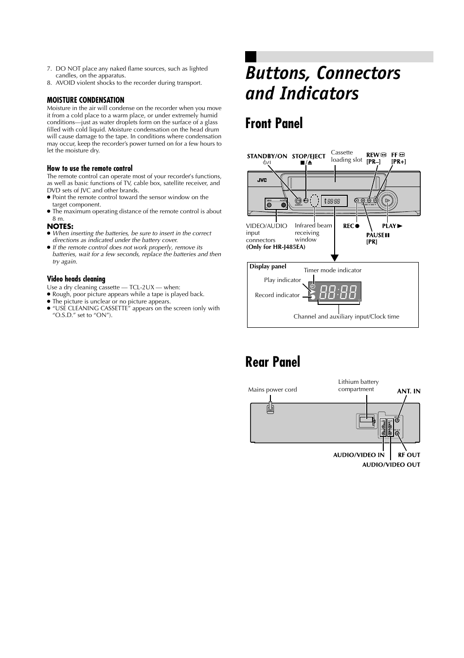 Buttons, connector an in icatorss, Buttons, connectors and indicators, Front panel rear panel | JVC HR-J485EA User Manual | Page 2 / 16