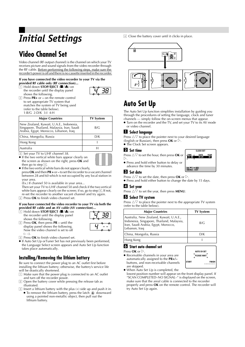 Initial settings, Video channel set, Auto set up | Installing/removing the lithium battery | JVC HR-J485EA User Manual | Page 4 / 16