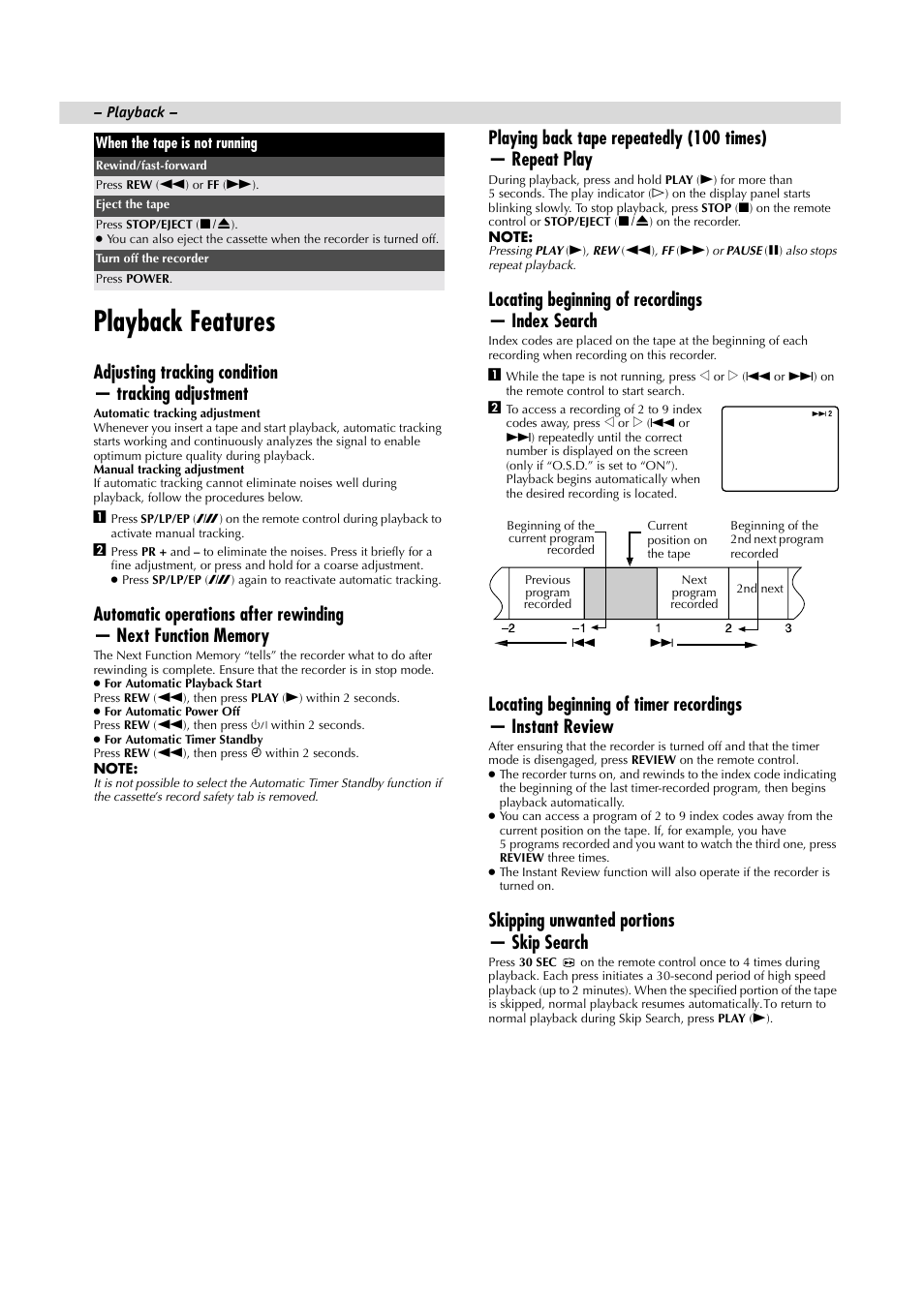 Playback features, Adjusting tracking condition — tracking adjustment, Locating beginning of recordings — index search | Skipping unwantedportions — skip search | JVC HR-J485EA User Manual | Page 6 / 16