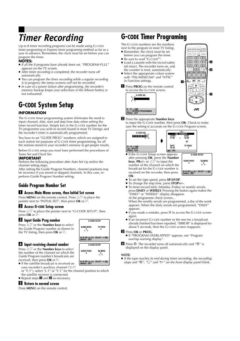 Timer recor ing, Timer recording, System setup | Timer programing, Code, Guide program number set a | JVC HR-J485EA User Manual | Page 8 / 16