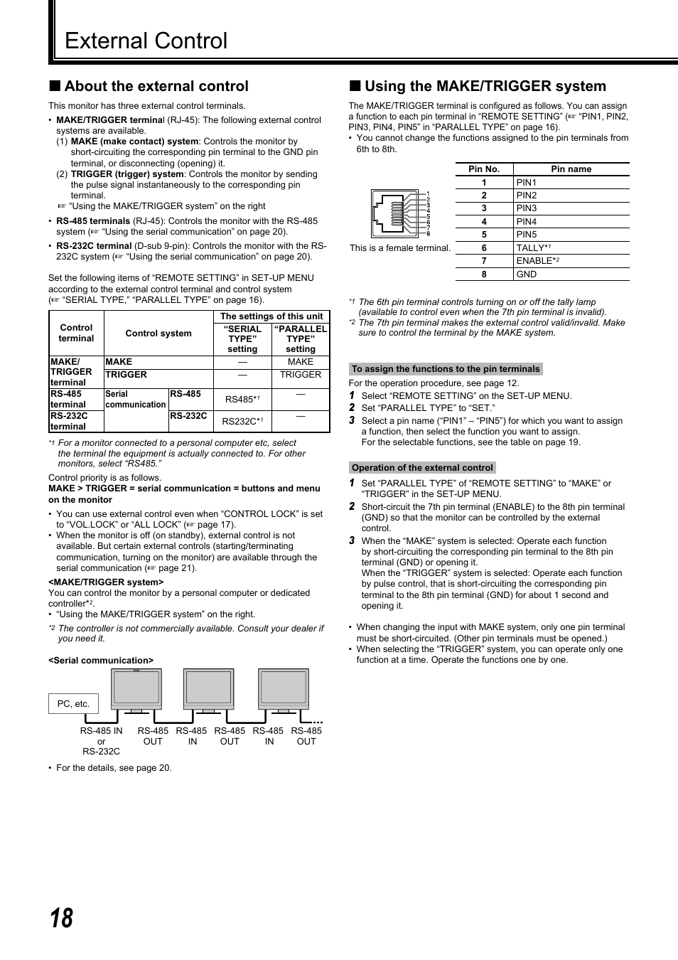 External control, About the external control, Using the make/trigger system | JVC DT-R17L4D User Manual | Page 18 / 28