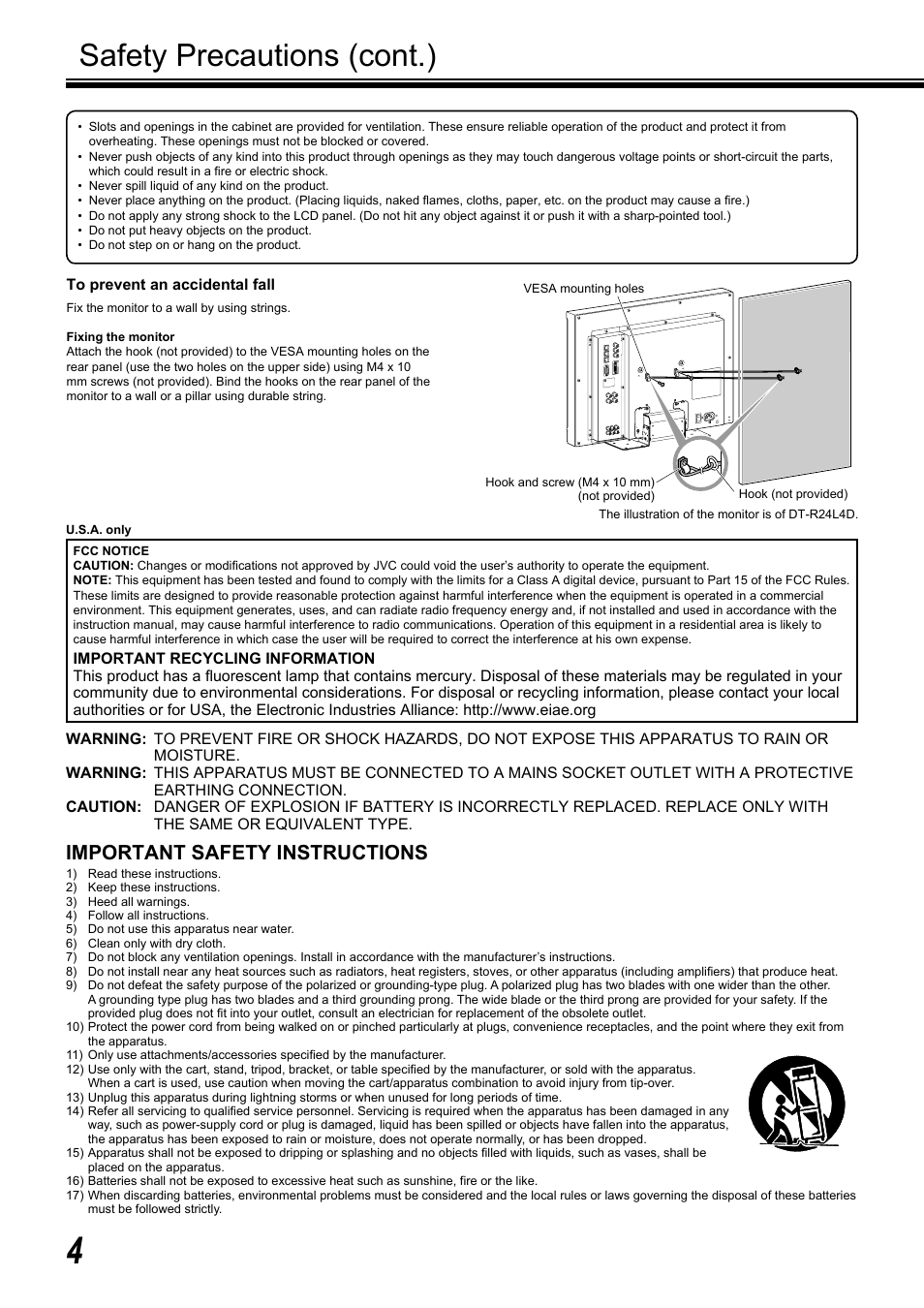 Safety precautions (cont.), Important safety instructions | JVC DT-R17L4D User Manual | Page 4 / 28