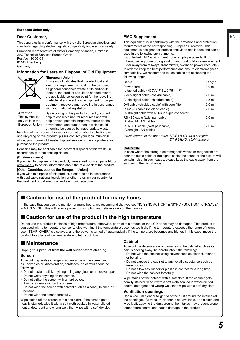 Caution for use of the product for many hours, Maintenance | JVC DT-R17L4D User Manual | Page 5 / 28