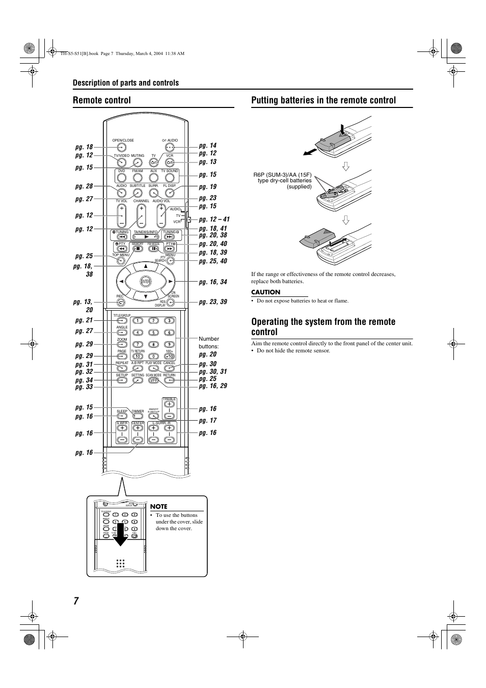 Pg. 7, Operating the system from the remote control, Description of parts and controls | Pg. 12 | JVC SP-PWS5 User Manual | Page 10 / 48
