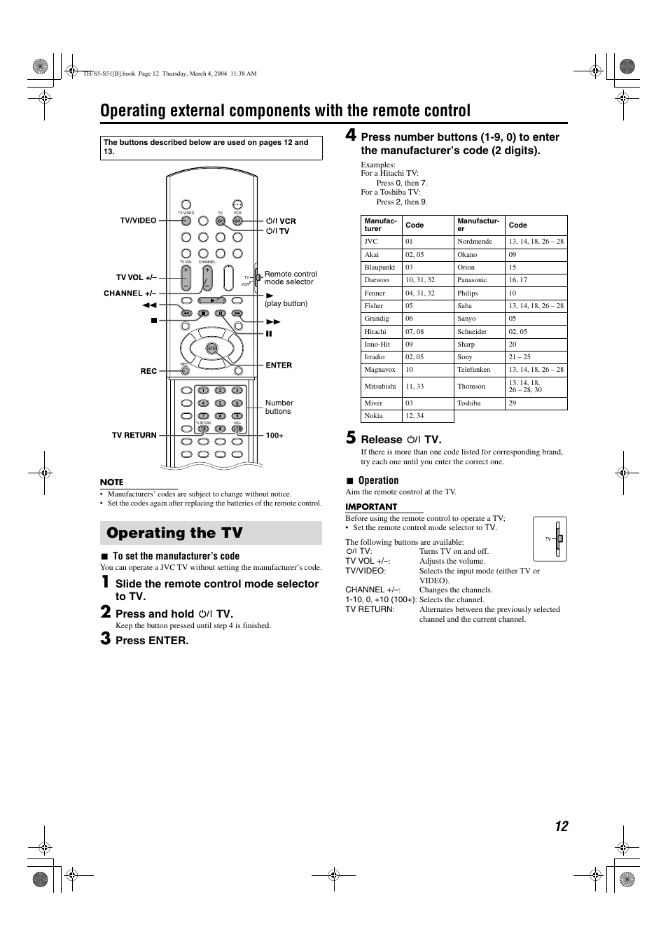 Operating the tv, Pg. 12, Slide the remote control mode selector to tv | Press and hold f tv, Press enter, Release f tv | JVC SP-PWS5 User Manual | Page 15 / 48
