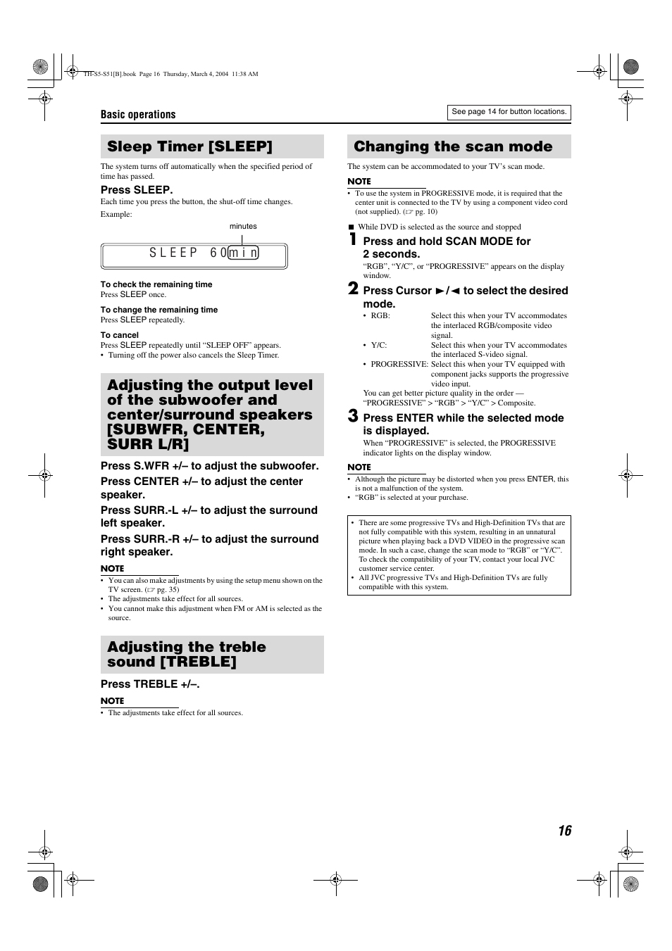 Sleep timer [sleep, Adjusting the treble sound [treble, Changing the scan mode | Pg. 16, Pg. 16, 34, Pg. 16, 29, A pg. 16) | JVC SP-PWS5 User Manual | Page 19 / 48