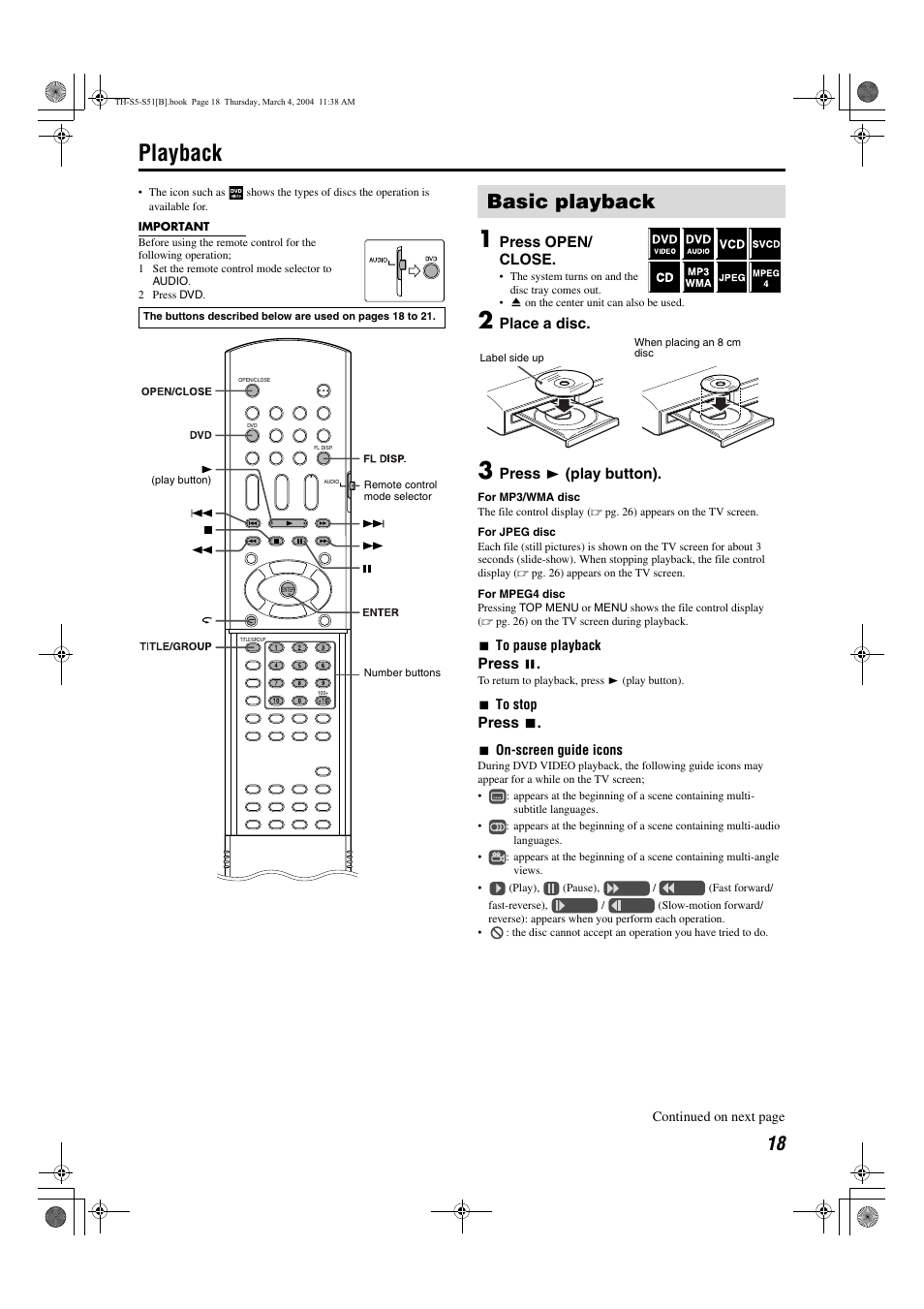 Playback, Basic playback, Pg. 18 | Pg. 18, 41, Pg. 18, 39, A pg. 18) | JVC SP-PWS5 User Manual | Page 21 / 48
