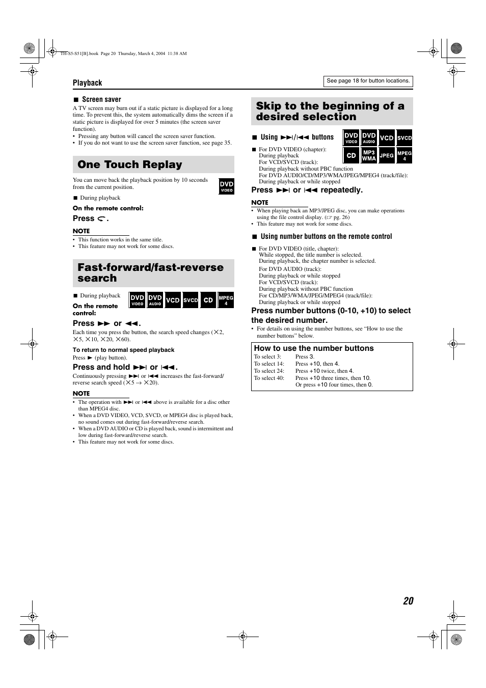 One touch replay, Fast-forward/fast-reverse search, Skip to the beginning of a desired selection | Pg. 20, 38 pg. 20, 40, Pg. 20 | JVC SP-PWS5 User Manual | Page 23 / 48