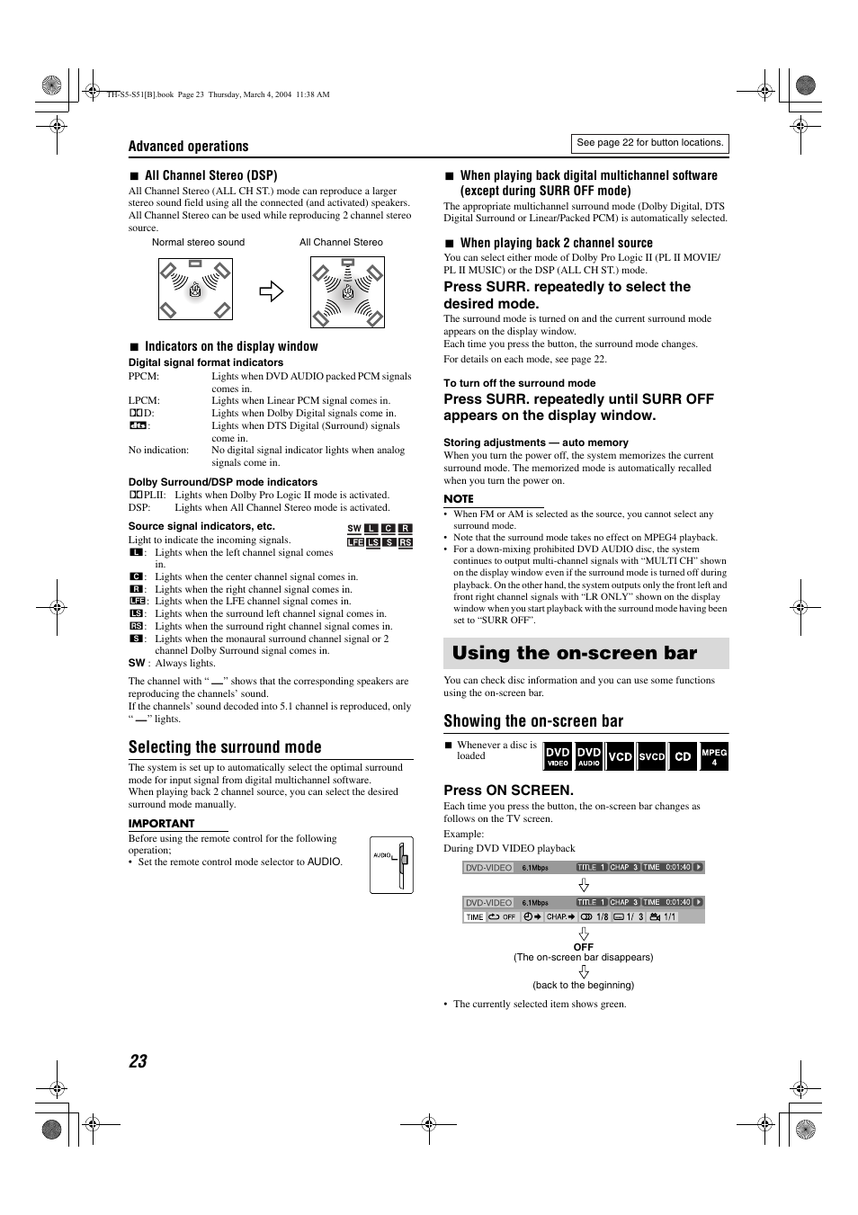 Using the on-screen bar, Pg. 23, Pg. 23, 39 | A pg. 23), Selecting the surround mode, Showing the on-screen bar | JVC SP-PWS5 User Manual | Page 26 / 48