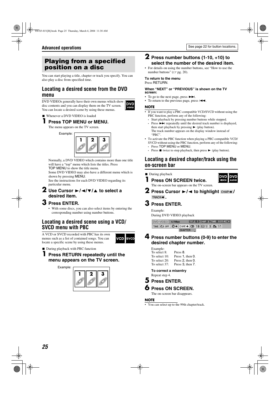 Playing from a specified position on a disc, Pg. 25, Pg. 25, 40 | A pg. 25), Locating a desired scene from the dvd menu | JVC SP-PWS5 User Manual | Page 28 / 48