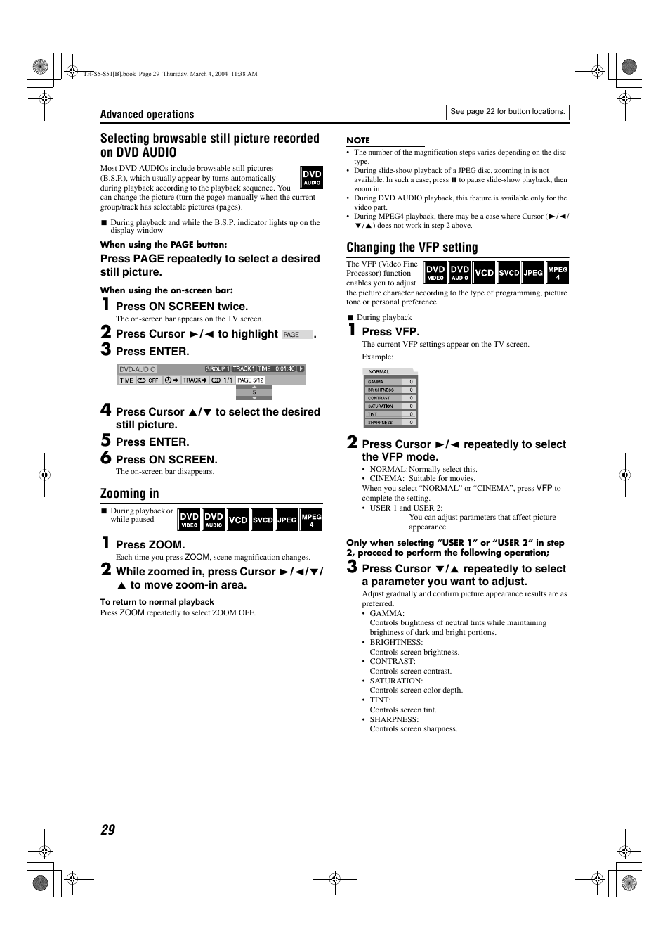 Pg. 29, A pg. 29), Zooming in | Changing the vfp setting | JVC SP-PWS5 User Manual | Page 32 / 48