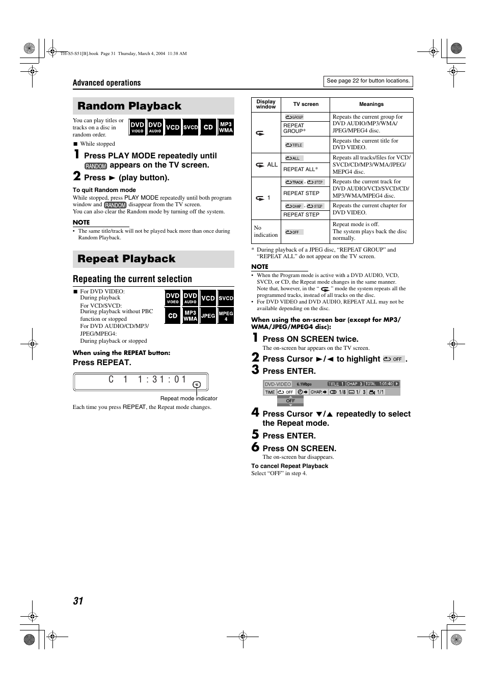 Random playback, Repeat playback, Random playback repeat playback | Pg. 31, A pg. 31), Repeating the current selection | JVC SP-PWS5 User Manual | Page 34 / 48