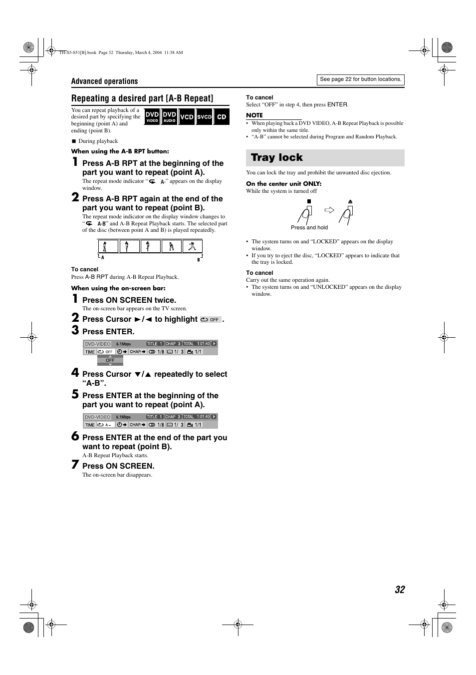 Tray lock, Pg. 32, Repeating a desired part [a-b repeat | JVC SP-PWS5 User Manual | Page 35 / 48