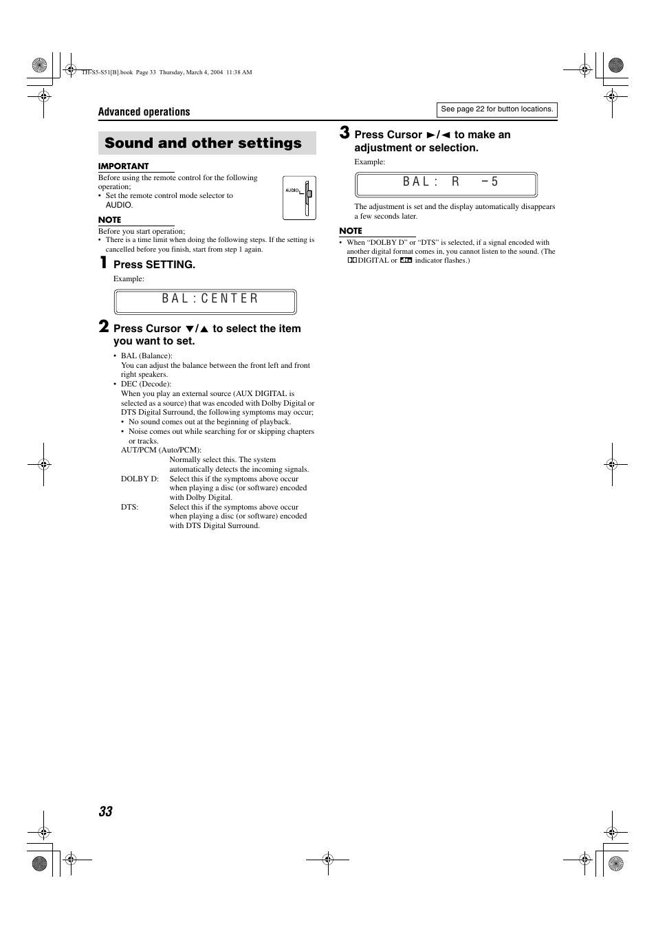 Sound and other settings, Pg. 33 | JVC SP-PWS5 User Manual | Page 36 / 48