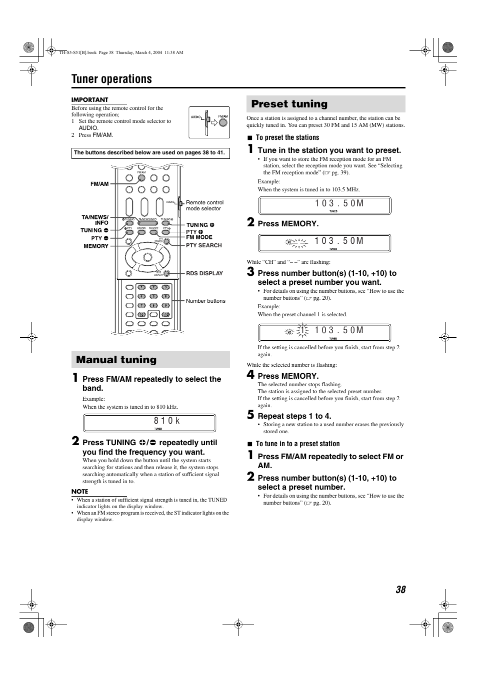 Tuner operations, Manual tuning, Preset tuning | Manual tuning preset tuning, Pg. 38, Station, A pg. 38), 8 1 0 k | JVC SP-PWS5 User Manual | Page 41 / 48