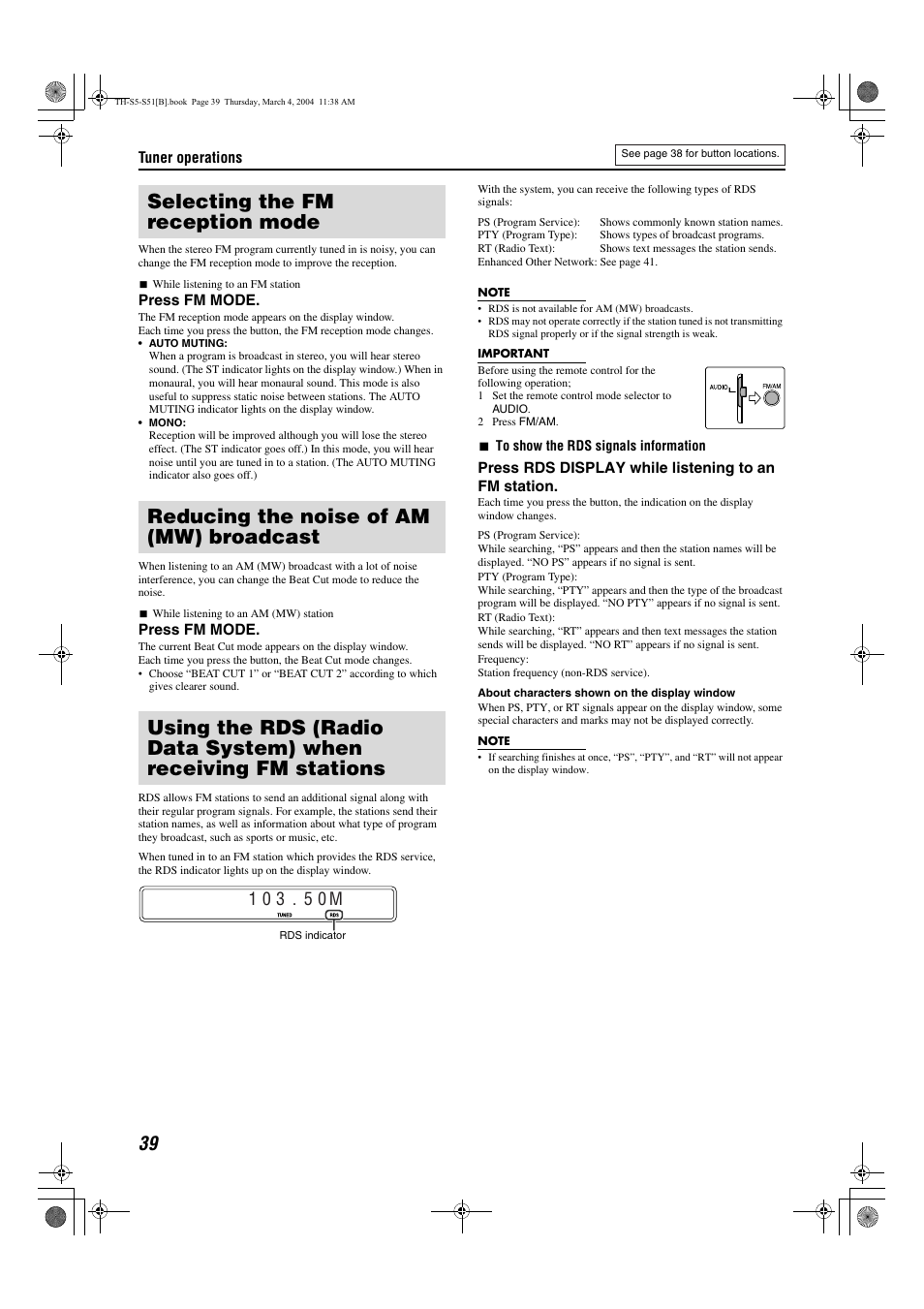 Selecting the fm reception mode, Reducing the noise of am (mw) broadcast, Pg. 39 | A pg. 39) | JVC SP-PWS5 User Manual | Page 42 / 48