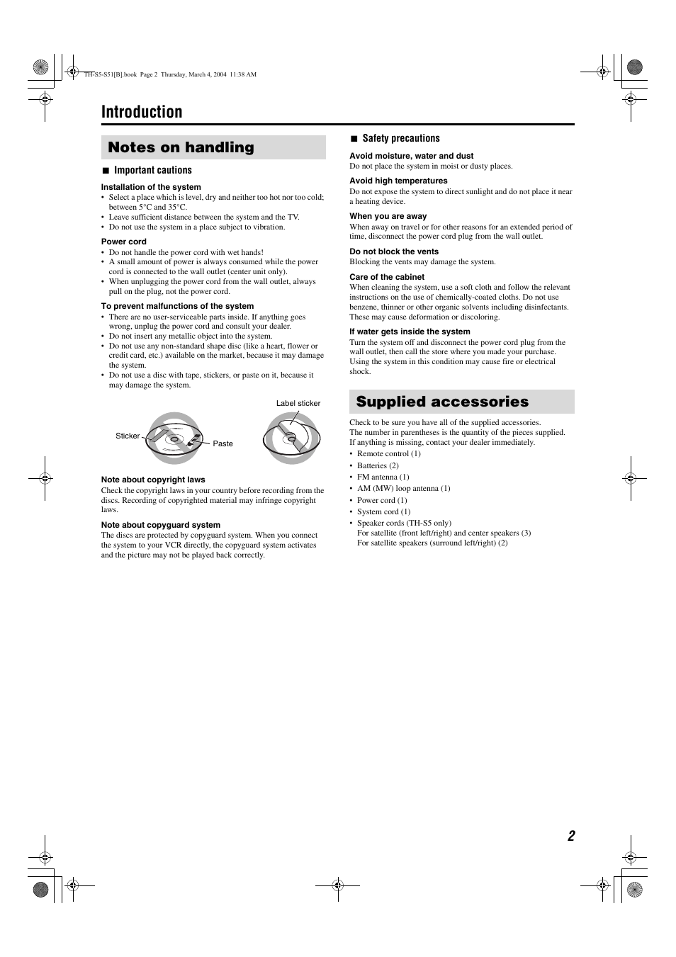Introduction, Notes on handling, Supplied accessories | Notes on handling supplied accessories | JVC SP-PWS5 User Manual | Page 5 / 48