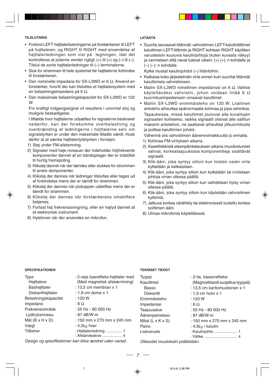 Tilslutning | JVC SX-L3WD User Manual | Page 7 / 8