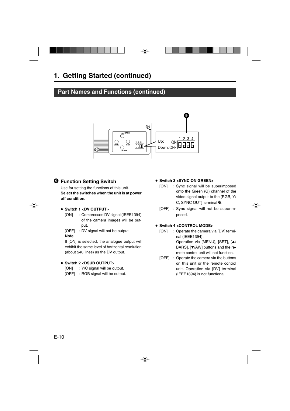 Getting started (continued), Part names and functions (continued), E-10 | Function setting switch | JVC KY-F550E User Manual | Page 10 / 156