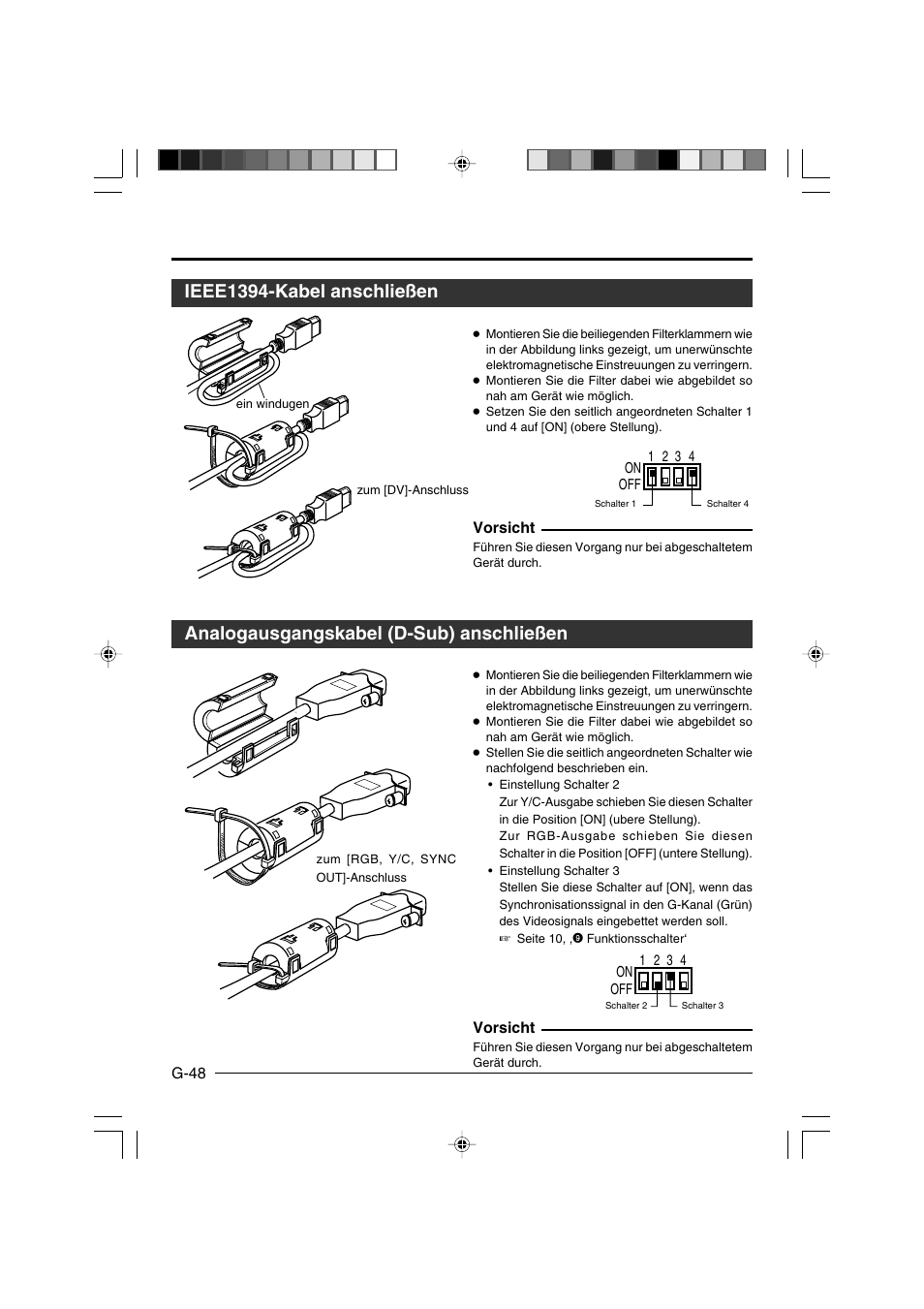 Ieee1394-kabel anschließen, Analogausgangskabel (d-sub) anschließen | JVC KY-F550E User Manual | Page 100 / 156