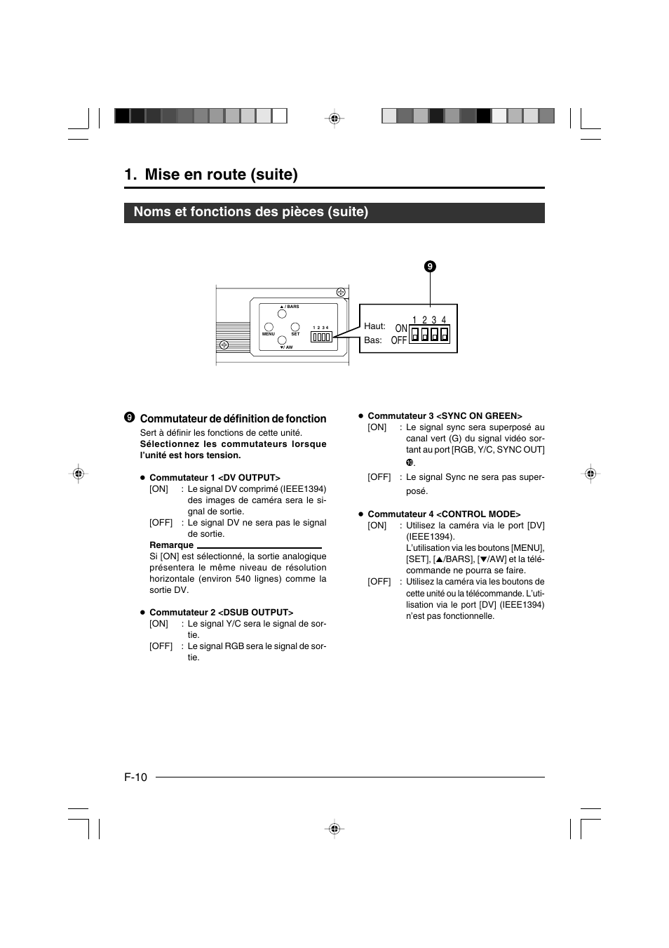 Mise en route (suite), Noms et fonctions des pièces (suite), F-10 | Commutateur de définition de fonction | JVC KY-F550E User Manual | Page 114 / 156