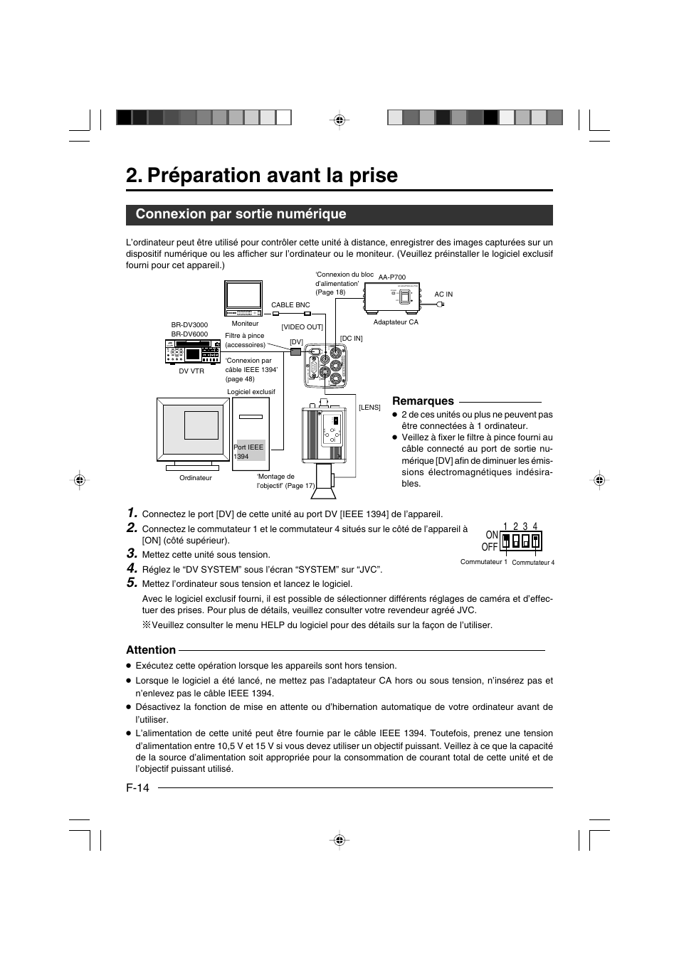 Préparation avant la prise, Connexion par sortie numérique, F-14 | Attention, Remarques, On off 1 2 3 4, Mettez cette unité sous tension | JVC KY-F550E User Manual | Page 118 / 156