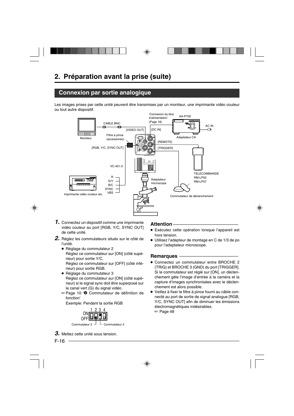 Connexion par sortie analogique, Préparation avant la prise (suite), F-16 | Attention, Remarques, On off 1 2 3 4, Power | JVC KY-F550E User Manual | Page 120 / 156