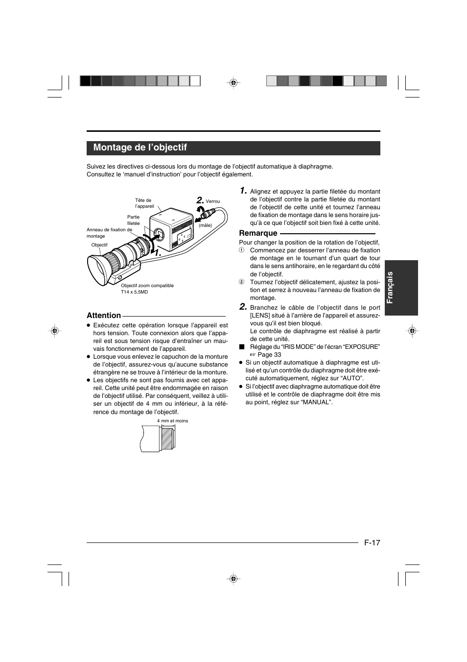 Montage de l’objectif | JVC KY-F550E User Manual | Page 121 / 156