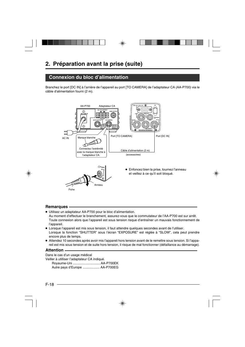 Connexion du bloc d’alimentation, Préparation avant la prise (suite), F-18 | Remarques, Attention | JVC KY-F550E User Manual | Page 122 / 156