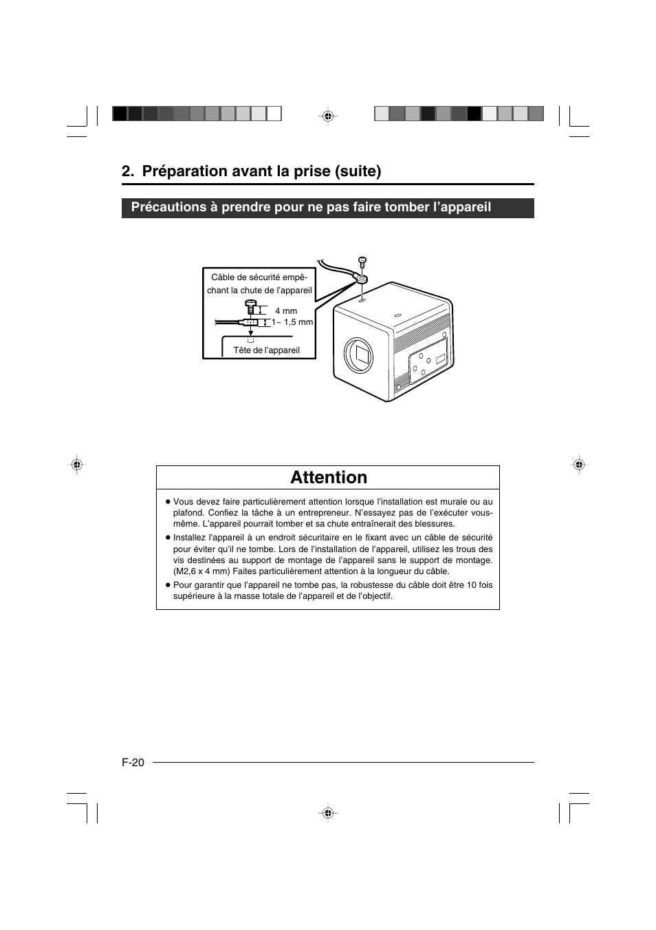 Attention, Préparation avant la prise (suite) | JVC KY-F550E User Manual | Page 124 / 156