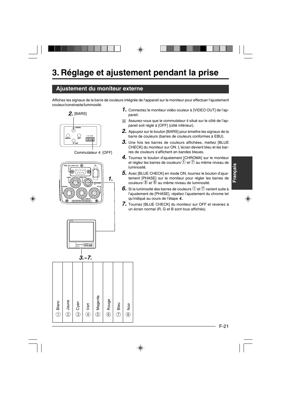 Réglage et ajustement pendant la prise, Ajustement du moniteur externe, Ajustement du moniteur externe 1 | JVC KY-F550E User Manual | Page 125 / 156