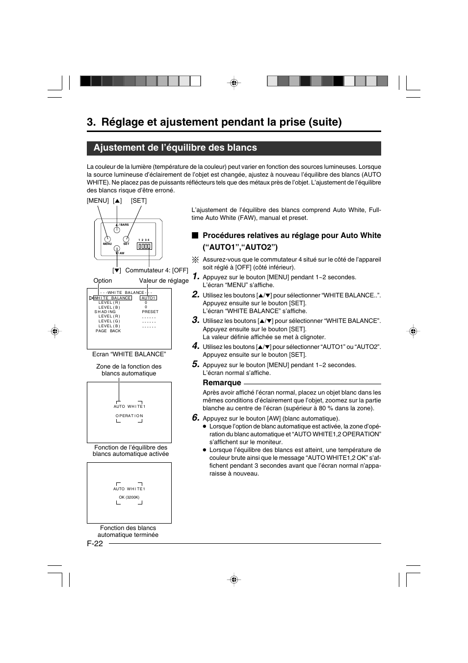 Ajustement de l’équilibre des blancs, Réglage et ajustement pendant la prise (suite), F-22 | Remarque | JVC KY-F550E User Manual | Page 126 / 156