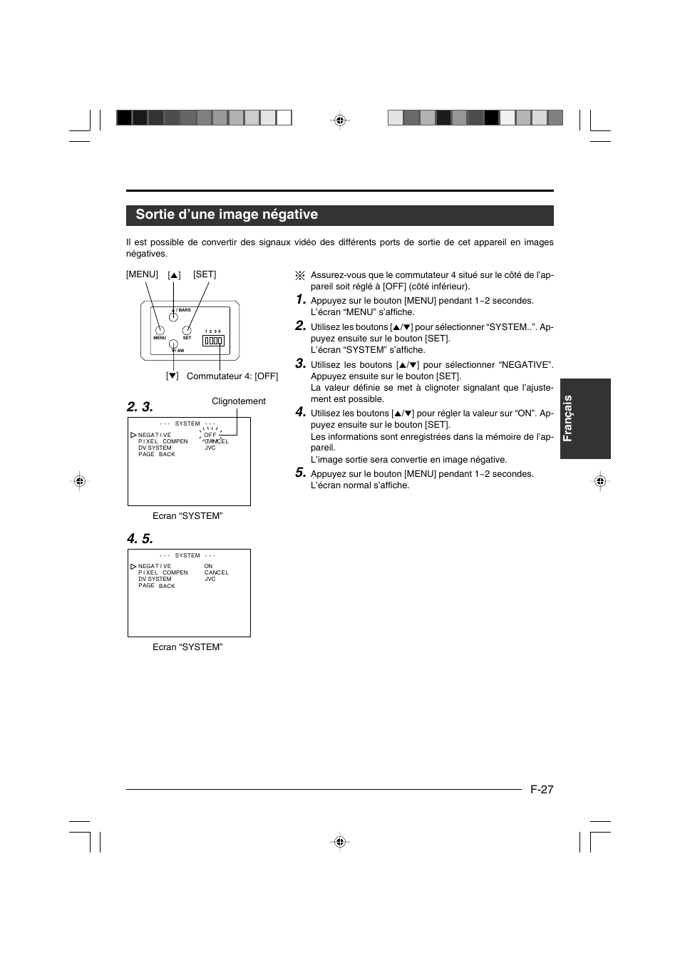 Sortie d’une image négative, Français f-27 français | JVC KY-F550E User Manual | Page 131 / 156