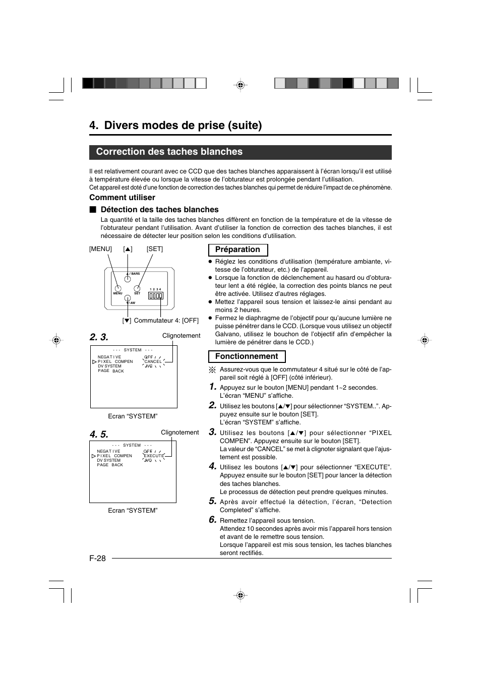 Correction des taches blanches, Divers modes de prise (suite), F-28 | Comment utiliser Ⅵ détection des taches blanches, Préparation, Fonctionnement | JVC KY-F550E User Manual | Page 132 / 156
