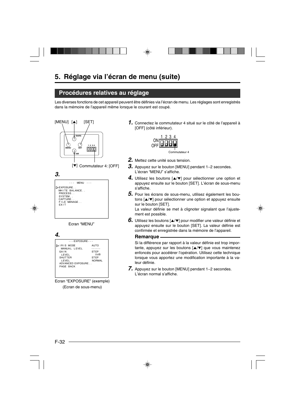 Procédures relatives au réglage, Réglage via l’écran de menu (suite), F-32 | Remarque, On off 1 2 3 4 | JVC KY-F550E User Manual | Page 136 / 156