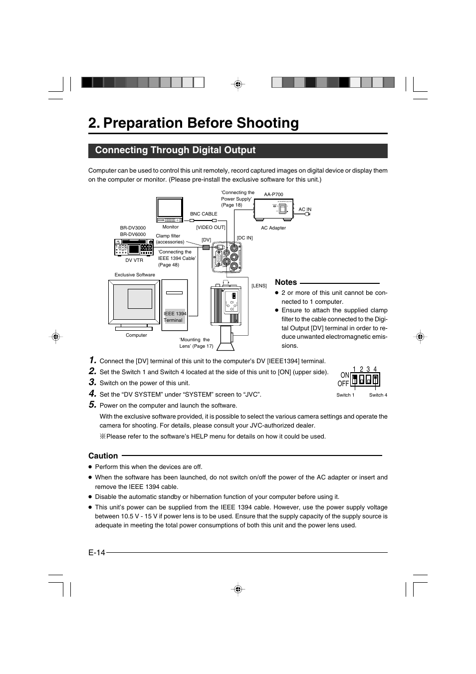Preparation before shooting, Connecting through digital output, E-14 | Caution, On off 1 2 3 4, Switch on the power of this unit, Set the “dv system” under “system” screen to “jvc | JVC KY-F550E User Manual | Page 14 / 156
