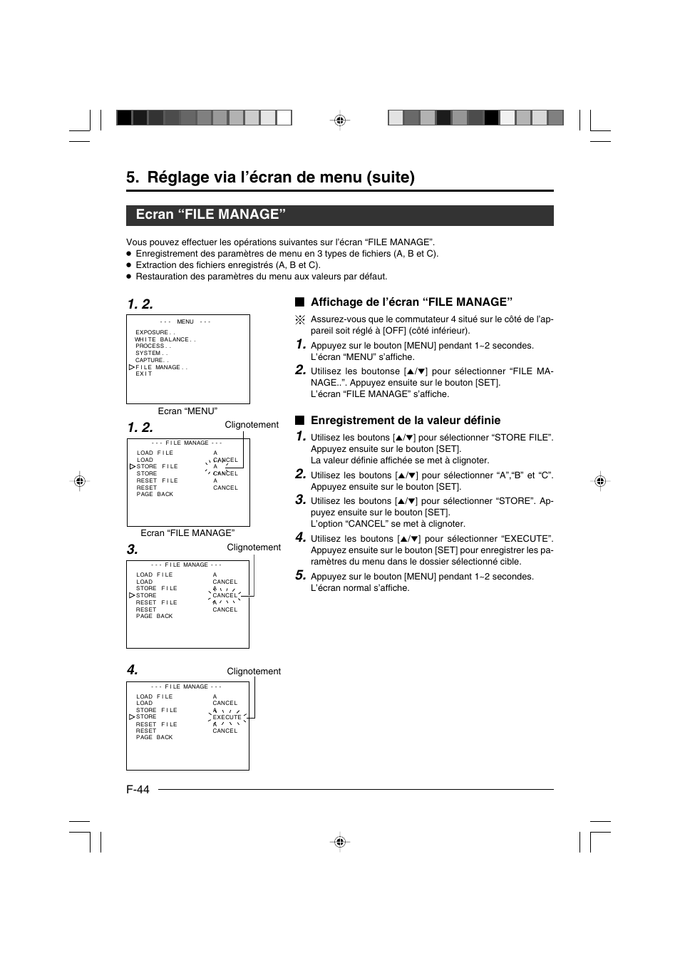 Ecran “file manage, Réglage via l’écran de menu (suite), F-44 | Affichage de l’écran “file manage, Enregistrement de la valeur définie | JVC KY-F550E User Manual | Page 148 / 156