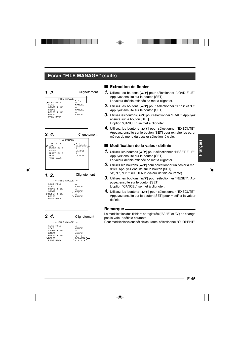 F-45 français, Extraction de fichier, Modification de la valeur définie | Remarque | JVC KY-F550E User Manual | Page 149 / 156