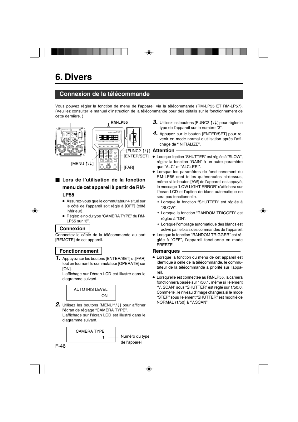 Divers, Connexion de la télécommande, F-46 | Attention, Remarques, Connexion, Fonctionnement | JVC KY-F550E User Manual | Page 150 / 156