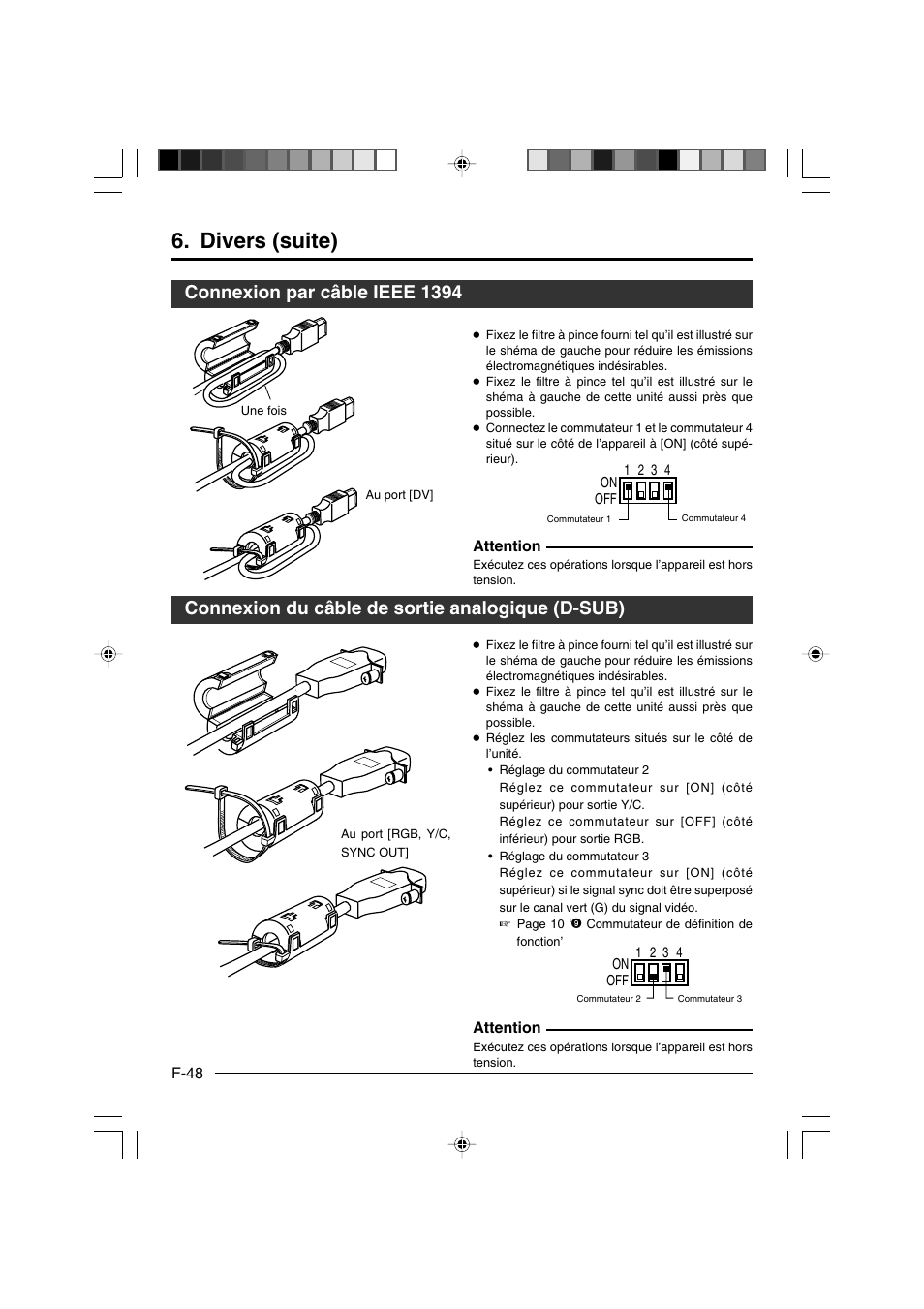 Connexion par câble ieee 1394, Connexion du câble de sortie analogique (d-sub), Divers (suite) | JVC KY-F550E User Manual | Page 152 / 156