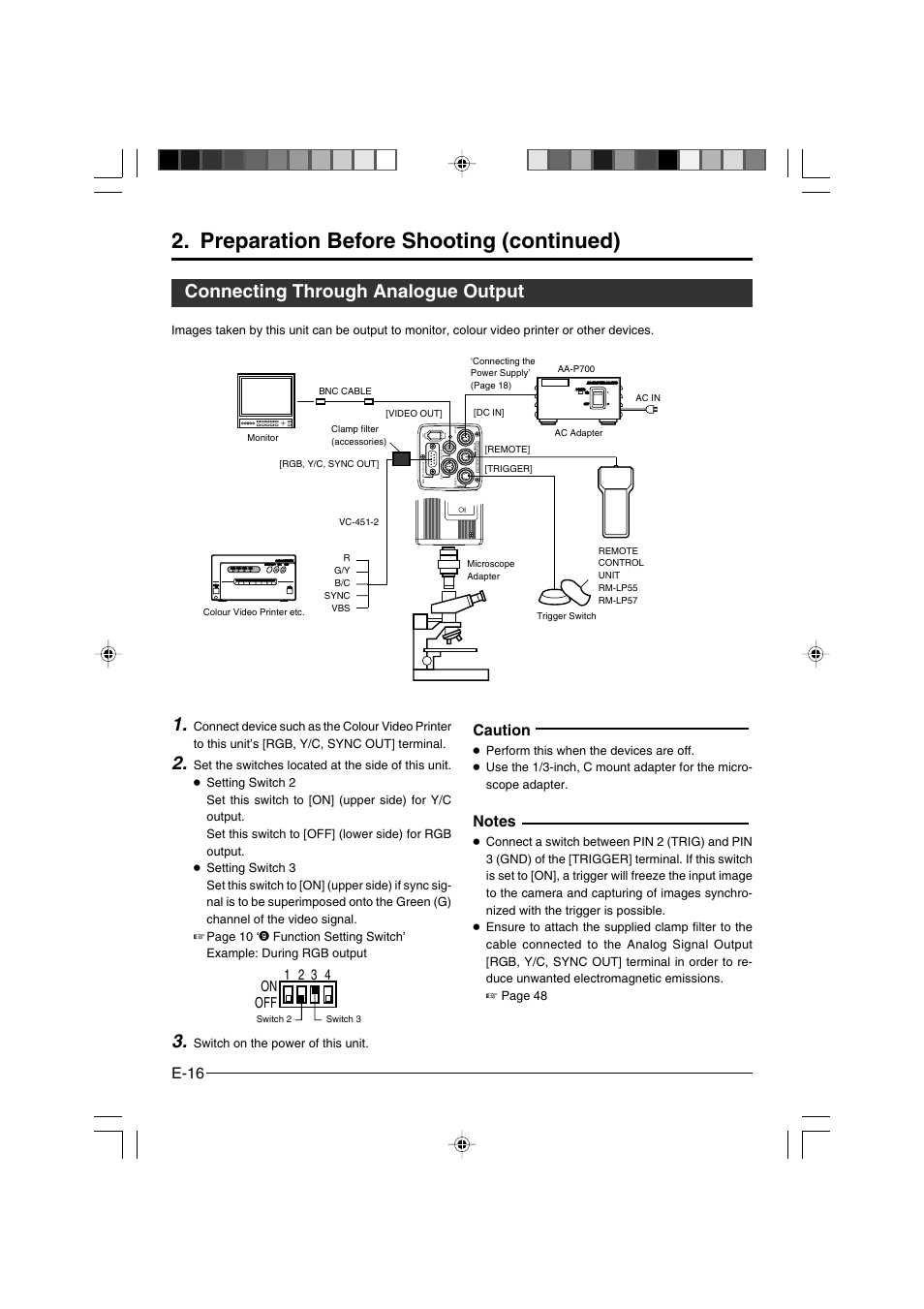 Connecting through analogue output, Preparation before shooting (continued), E-16 | Caution, On off 1 2 3 4, Power | JVC KY-F550E User Manual | Page 16 / 156
