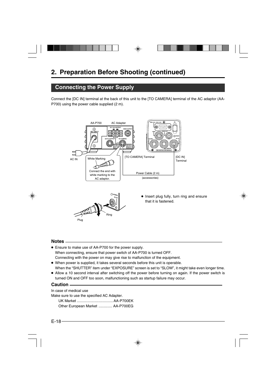 Connecting the power supply, Preparation before shooting (continued), E-18 | Caution | JVC KY-F550E User Manual | Page 18 / 156